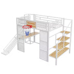 Cama alta de metal de tamaño completo con escritorio y armario integrados, cama alta resistente con tobogán y escalera y canasta de baloncesto