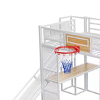 Cama alta de metal de tamaño completo con escritorio y armario integrados, cama alta resistente con tobogán y escalera y canasta de baloncesto