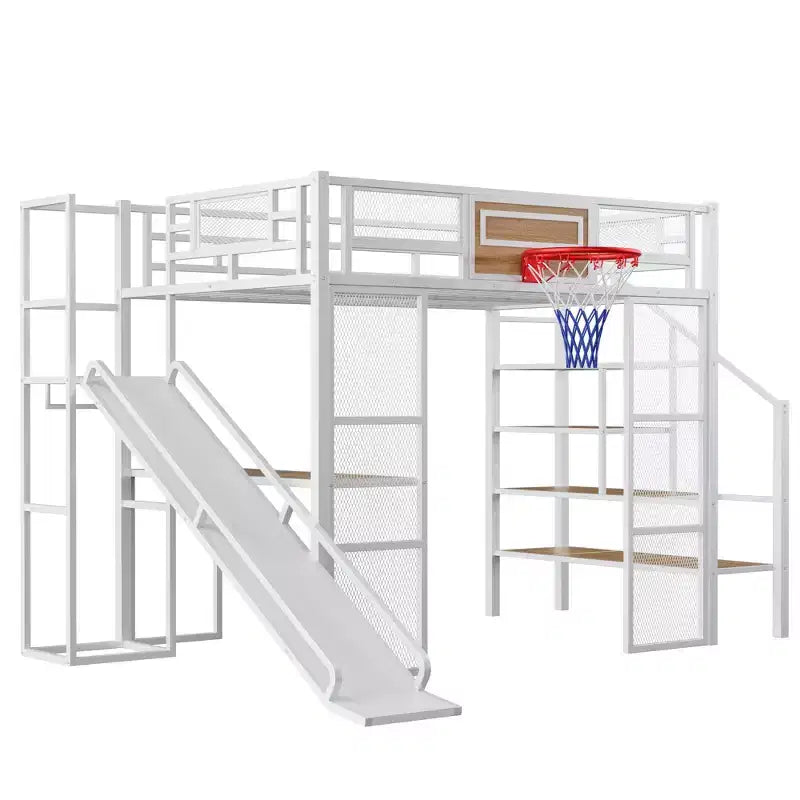 Cama alta de metal de tamaño completo con escritorio y armario integrados, cama alta resistente con tobogán y escalera y canasta de baloncesto