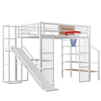Cama alta de metal de tamaño completo con escritorio y armario integrados, cama alta resistente con tobogán y escalera y canasta de baloncesto