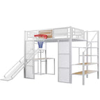 Cama alta de metal de tamaño completo con escritorio y armario integrados, cama alta resistente con tobogán y escalera y canasta de baloncesto