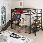 Cama alta de metal de tamaño completo con escritorio y armario integrados, cama alta resistente con tobogán y escalera y canasta de baloncesto