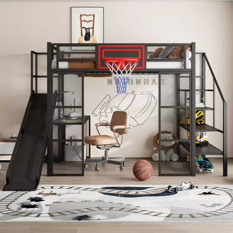 Cama alta de metal de tamaño completo con escritorio y armario integrados, cama alta resistente con tobogán y escalera y canasta de baloncesto