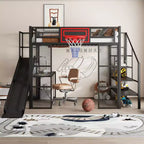 Cama alta de metal de tamaño completo con escritorio y armario integrados, cama alta resistente con tobogán y escalera y canasta de baloncesto