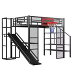 Cama alta de metal de tamaño completo con escritorio y armario integrados, cama alta resistente con tobogán y escalera y canasta de baloncesto