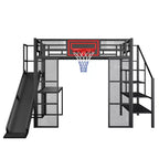 Cama alta de metal de tamaño completo con escritorio y armario integrados, cama alta resistente con tobogán y escalera y canasta de baloncesto