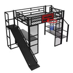 Cama alta de metal de tamaño completo con escritorio y armario integrados, cama alta resistente con tobogán y escalera y canasta de baloncesto