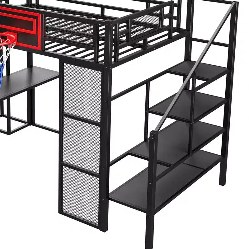 Cama alta de metal de tamaño completo con escritorio y armario integrados, cama alta resistente con tobogán y escalera y canasta de baloncesto