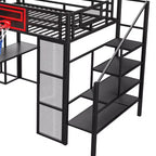 Cama alta de metal de tamaño completo con escritorio y armario integrados, cama alta resistente con tobogán y escalera y canasta de baloncesto