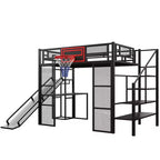 Cama alta de metal de tamaño completo con escritorio y armario integrados, cama alta resistente con tobogán y escalera y canasta de baloncesto