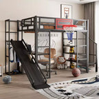 Full Size Metal Loft Bed with Built-in Desk and Wardrobe, Heavy Duty Loft Bed with Slide and Staircase & Basketball Hoop