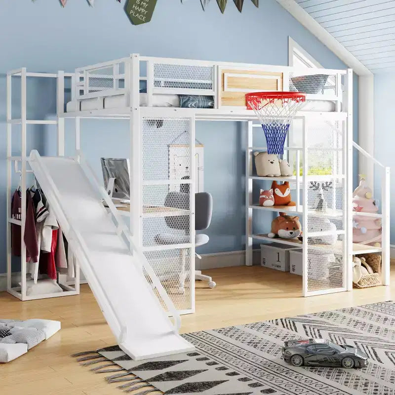 Cama alta de metal de tamaño completo con escritorio y armario integrados, cama alta resistente con tobogán y escalera y canasta de baloncesto