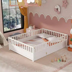 Bellemave Full size bed,construction with super high security barrier, door, Montessori wooden floor bed, white