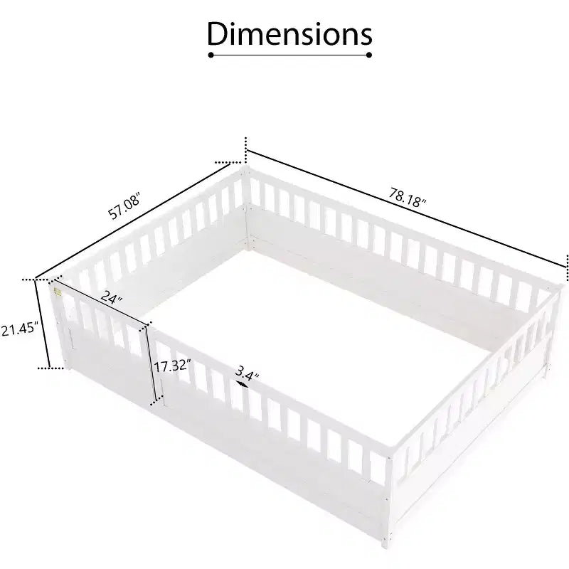 Cama Montessori de Madera de Tamaño Completo con Barrera de Seguridad y Puerta, Blanca