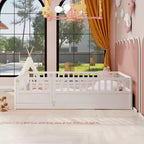 Cama Montessori de Madera de Tamaño Completo con Barrera de Seguridad y Puerta, Blanca