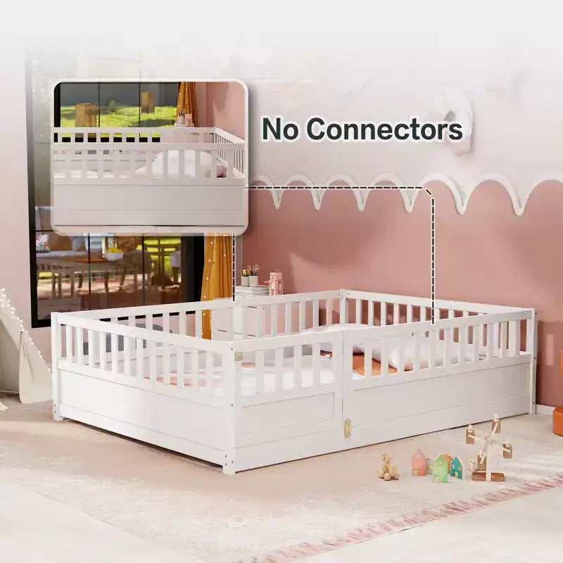 Cama Montessori de Madera de Tamaño Completo con Barrera de Seguridad y Puerta, Blanca