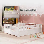 Cama Montessori de Madera de Tamaño Completo con Barrera de Seguridad y Puerta, Blanca