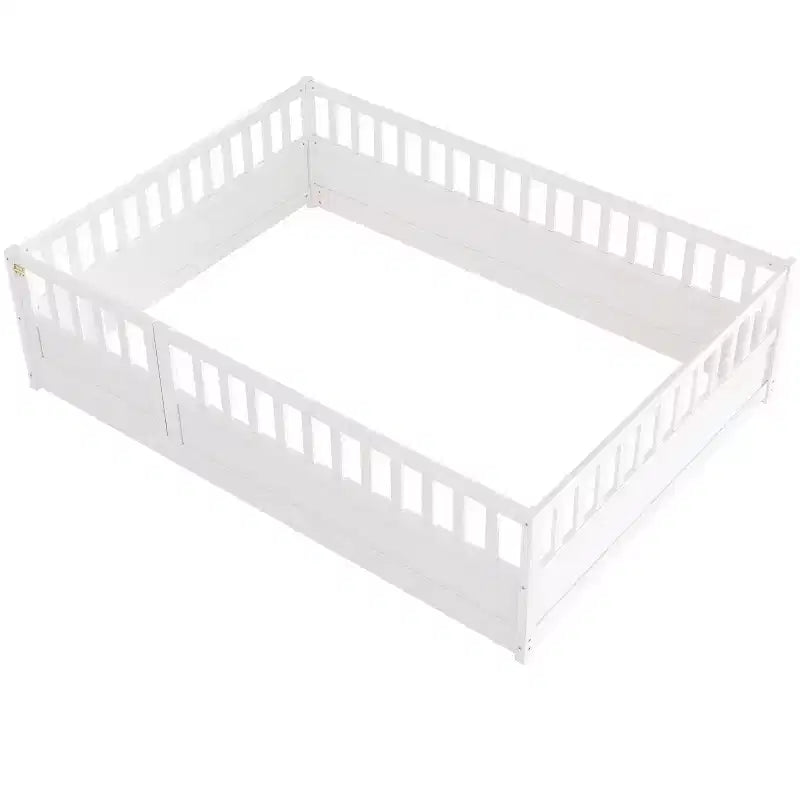Cama Montessori de Madera de Tamaño Completo con Barrera de Seguridad y Puerta, Blanca