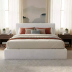 Queen/King Size Upholstered Platform Bed Frame Elegant Minimalist Bed with Ergonomic Padded Headboard, White - ModernLuxe