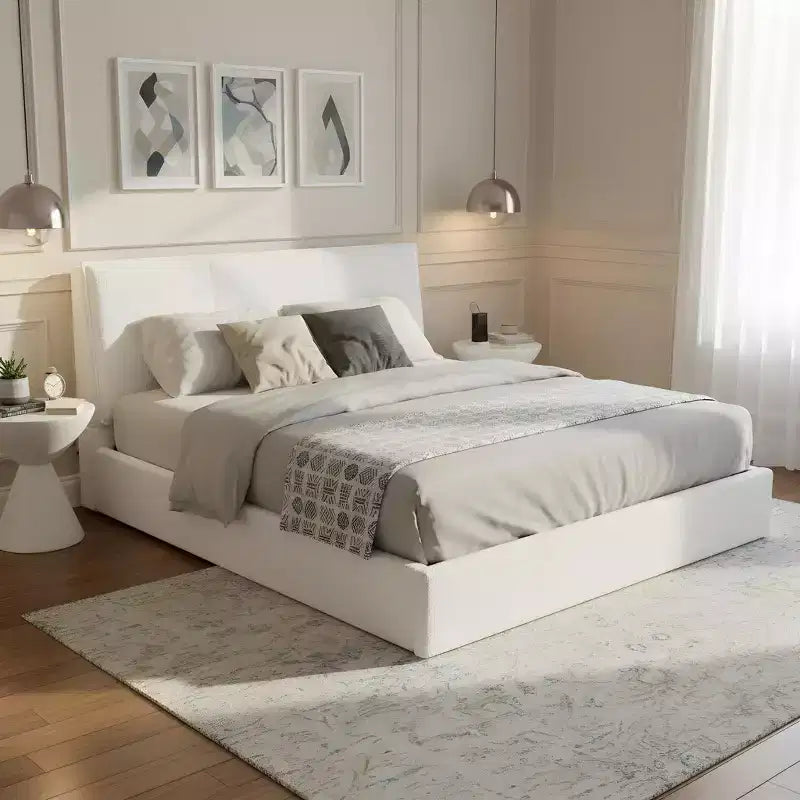 Base de cama tapizada Queen/King con cabecero ergonómico acolchado, blanco