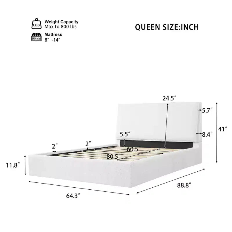 Base de cama tapizada Queen/King con cabecero ergonómico acolchado, blanco