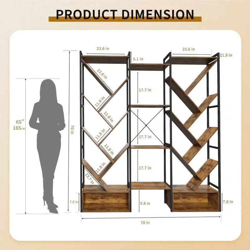 Estantería industrial de árbol de 6 niveles y triple columna con 24 estantes, librería moderna de madera y estantería de exhibición para sala de estar y oficina en casa