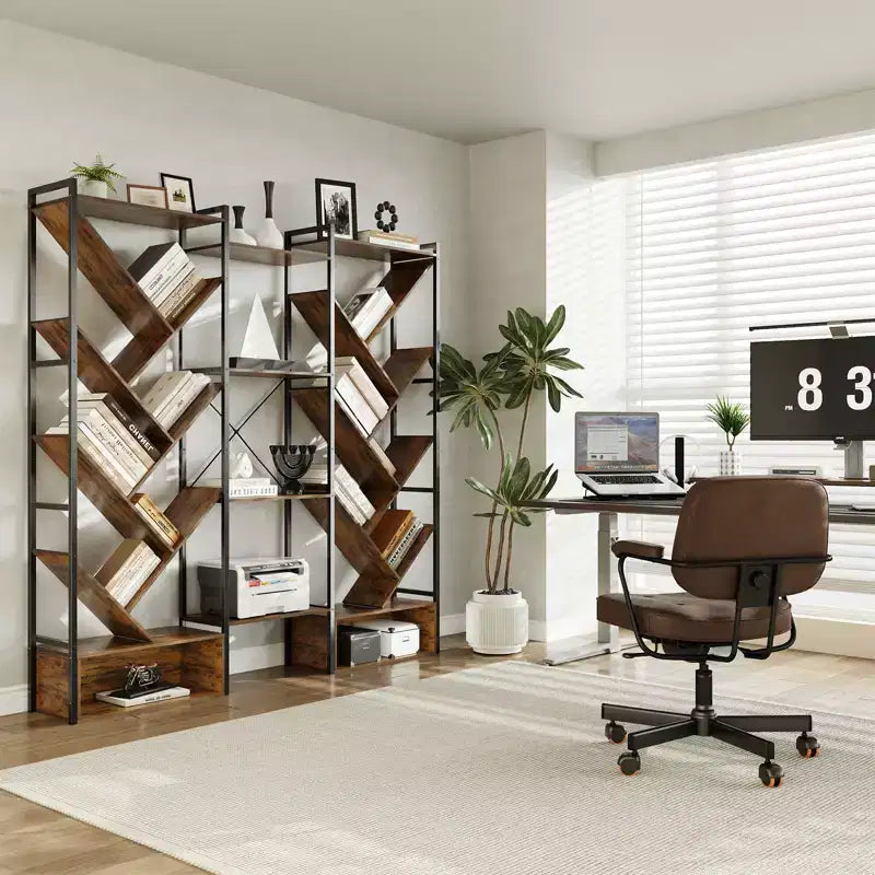 Estantería industrial de árbol de 6 niveles y triple columna con 24 estantes, librería moderna de madera y estantería de exhibición para sala de estar y oficina en casa