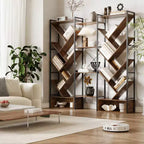 Estantería industrial de árbol de 6 niveles y triple columna con 24 estantes, librería moderna de madera y estantería de exhibición para sala de estar y oficina en casa