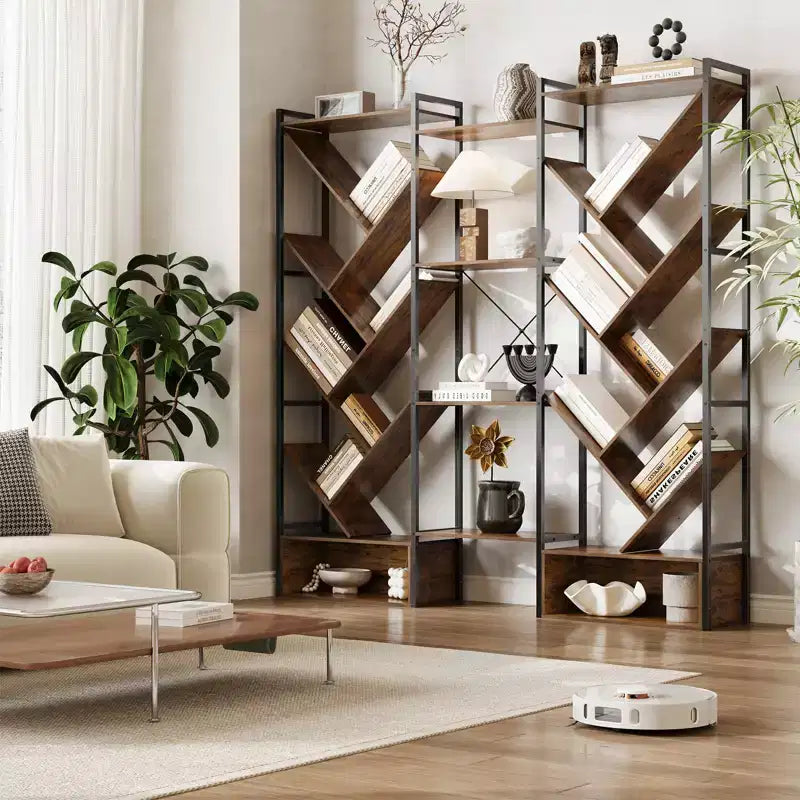 Estantería industrial de árbol de 6 niveles y triple columna con 24 estantes, librería moderna de madera y estantería de exhibición para sala de estar y oficina en casa