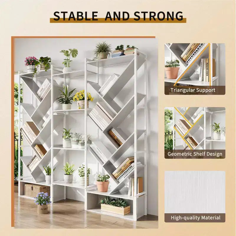 Estantería industrial de árbol de 6 niveles y triple columna con 24 estantes, librería moderna de madera y estantería de exhibición para sala de estar y oficina en casa