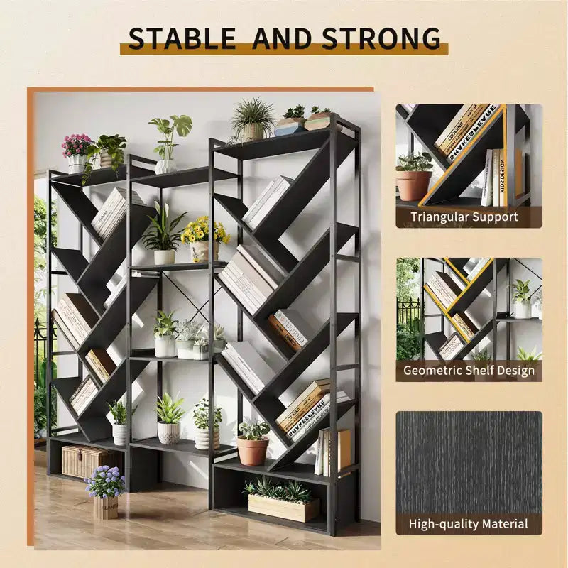 Estantería industrial de árbol de 6 niveles y triple columna con 24 estantes, librería moderna de madera y estantería de exhibición para sala de estar y oficina en casa