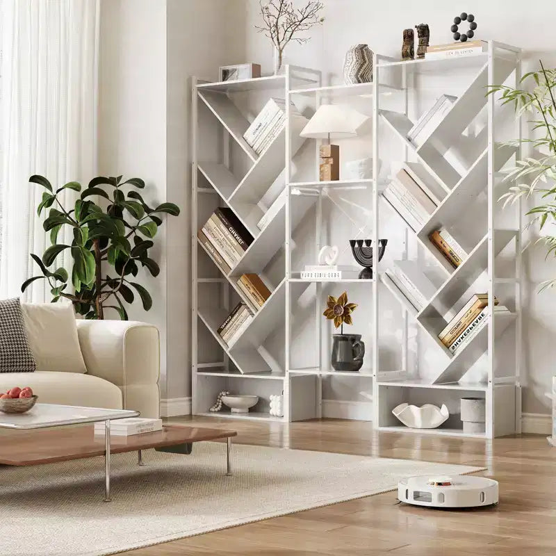 Estantería industrial de árbol de 6 niveles y triple columna con 24 estantes, librería moderna de madera y estantería de exhibición para sala de estar y oficina en casa
