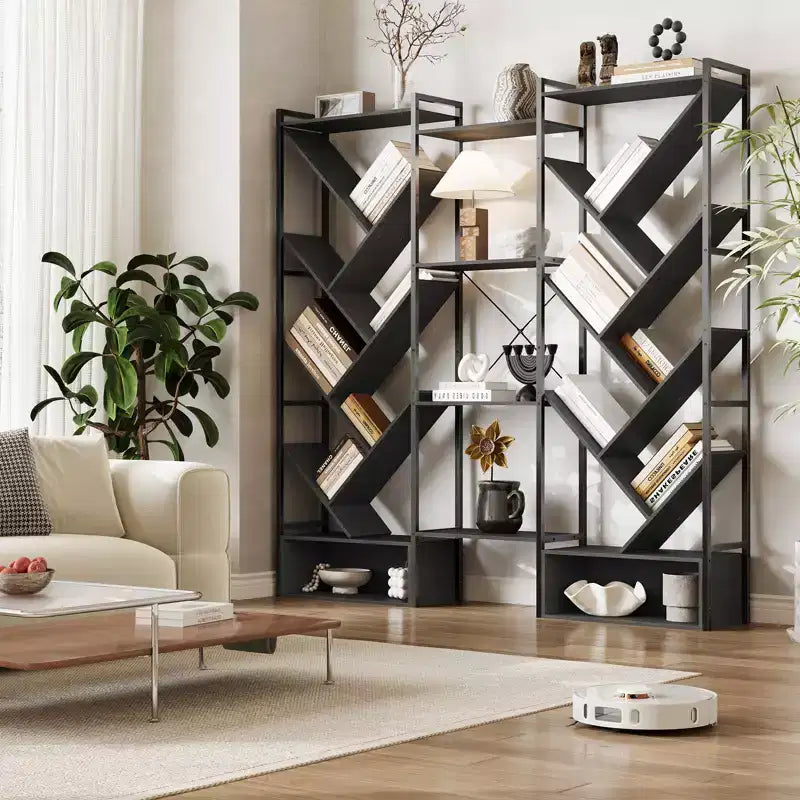 Estantería industrial de árbol de 6 niveles y triple columna con 24 estantes, librería moderna de madera y estantería de exhibición para sala de estar y oficina en casa