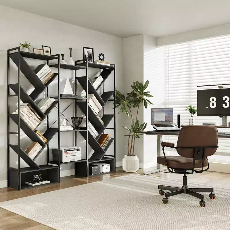 Estantería industrial de árbol de 6 niveles y triple columna con 24 estantes, librería moderna de madera y estantería de exhibición para sala de estar y oficina en casa