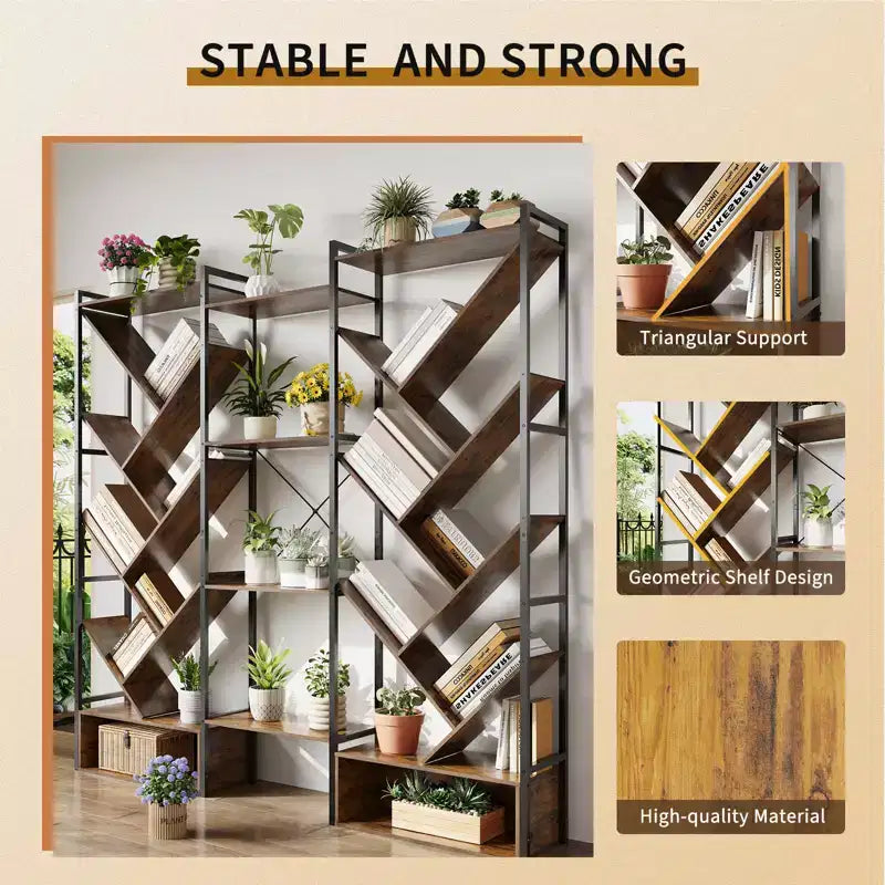 Estantería industrial de árbol de 6 niveles y triple columna con 24 estantes, librería moderna de madera y estantería de exhibición para sala de estar y oficina en casa