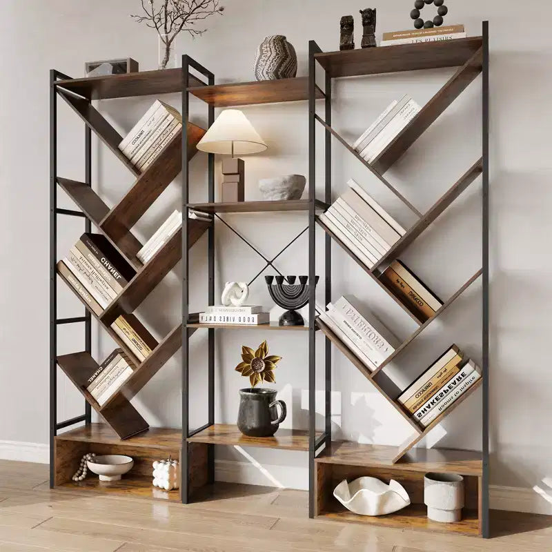 Estantería industrial de árbol de 6 niveles y triple columna con 24 estantes, librería moderna de madera y estantería de exhibición para sala de estar y oficina en casa
