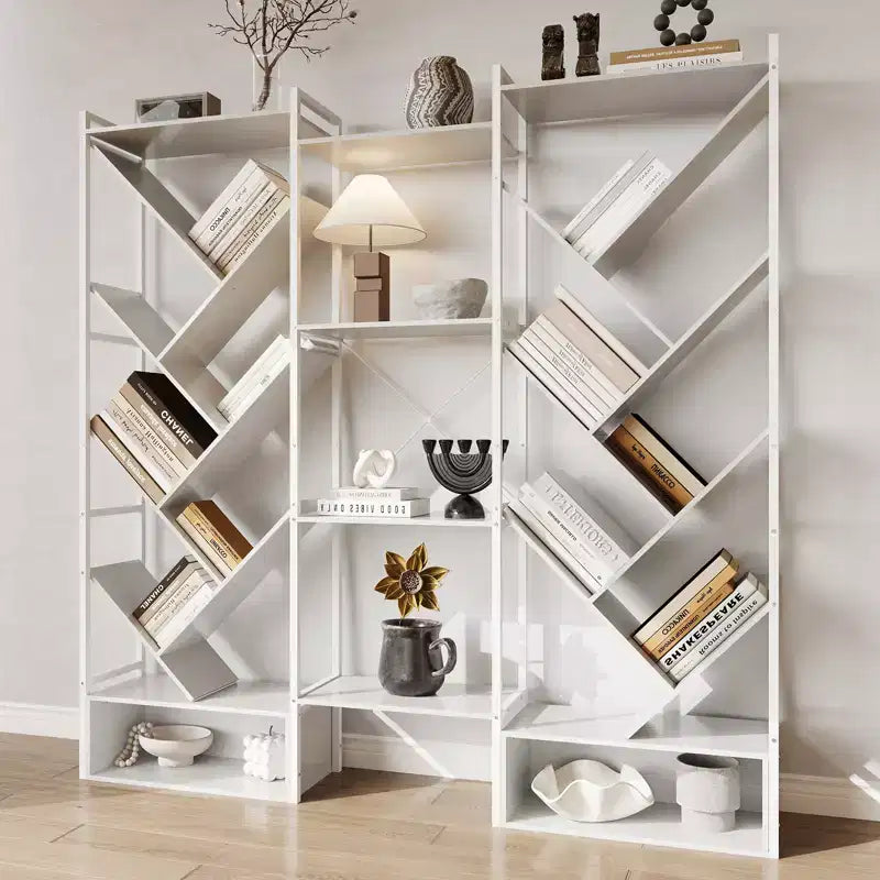 Estantería industrial de árbol de 6 niveles y triple columna con 24 estantes, librería moderna de madera y estantería de exhibición para sala de estar y oficina en casa
