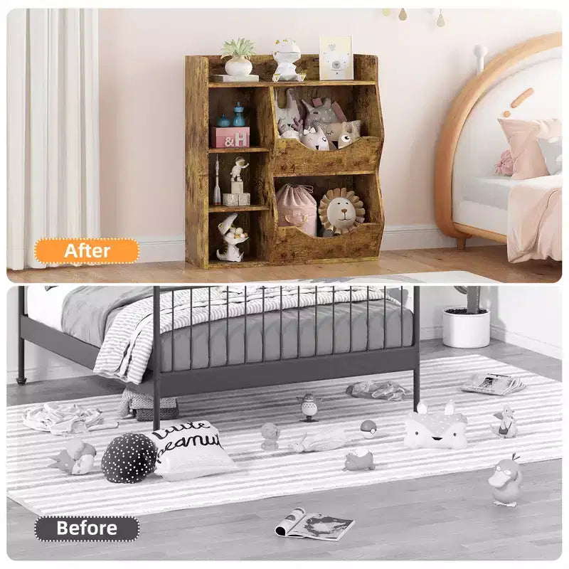 Organizador de almacenamiento de juguetes para niños, estantería de 5 cubículos con contenedores frontales inclinados, gabinete de almacenamiento de madera para sala de juegos, guardería, aula, jardín de infancia