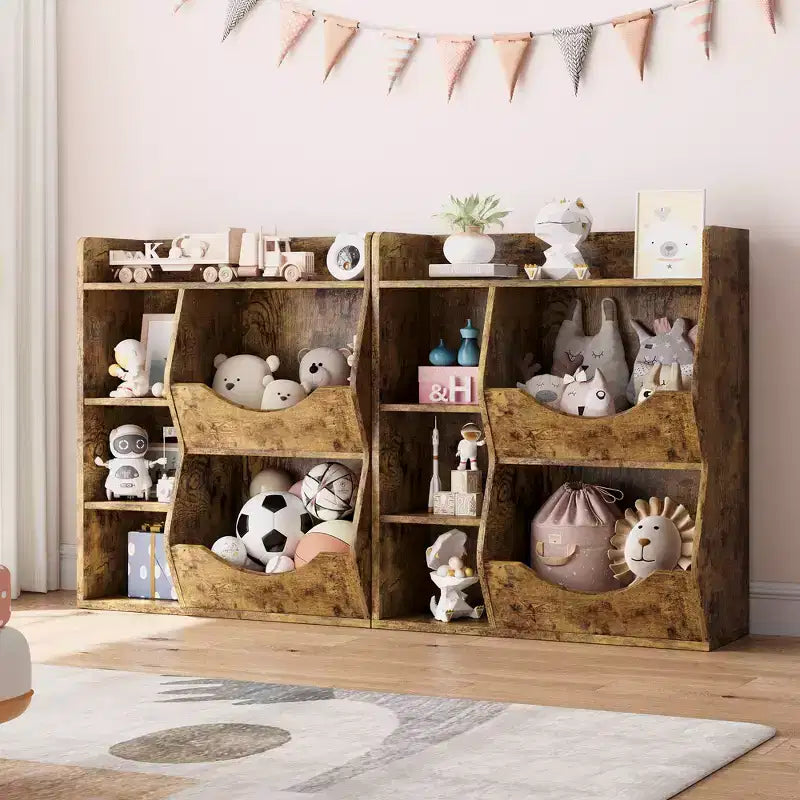 Organizador de almacenamiento de juguetes para niños, estantería de 5 cubículos con contenedores frontales inclinados, gabinete de almacenamiento de madera para sala de juegos, guardería, aula, jardín de infancia