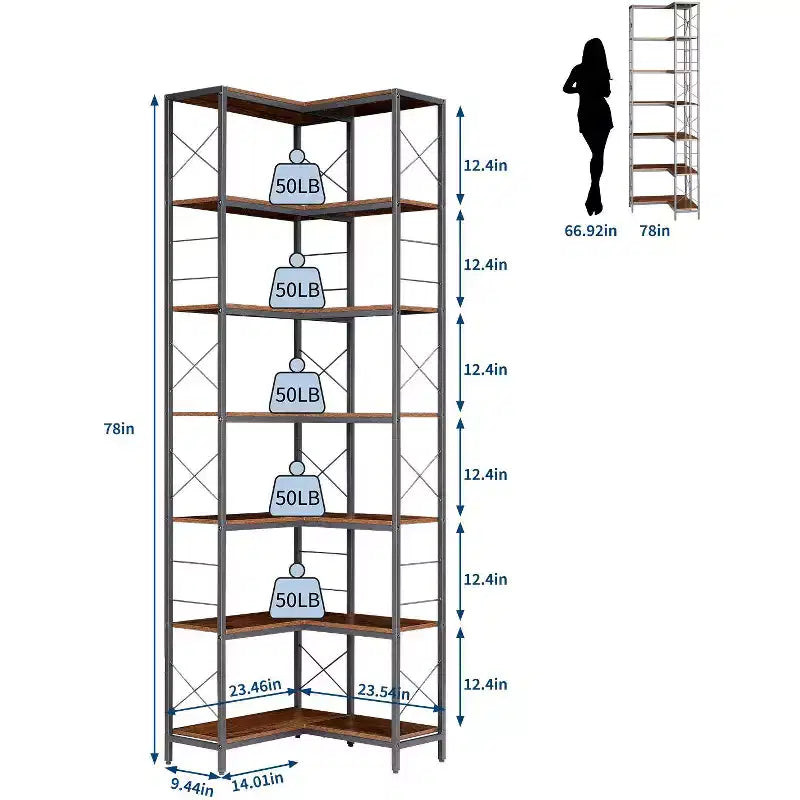 Estantería esquinera de 7 niveles, estantería esquinera en forma de L de madera y metal, estante de exhibición independiente para sala de estar, cocina, oficina en casa