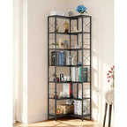 7 Tier Corner BookShelf,Wood and Metal Frame L Shaped Corner Bookcase,Freestanding Display Shelf for Living Room Kitchen, Home Office