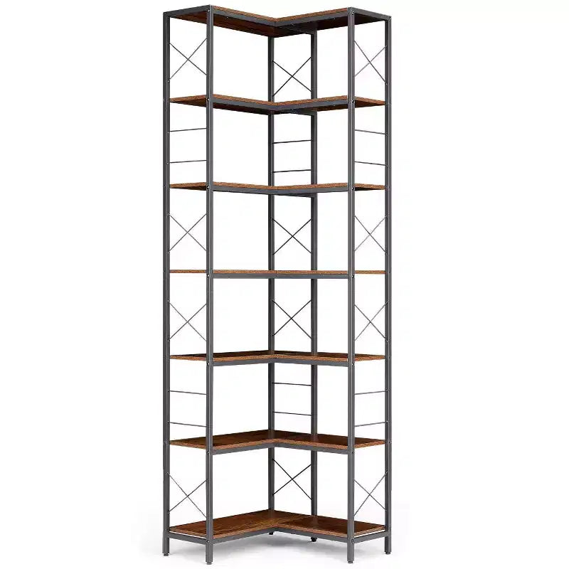 Estantería esquinera de 7 niveles, estantería esquinera en forma de L de madera y metal, estante de exhibición independiente para sala de estar, cocina, oficina en casa