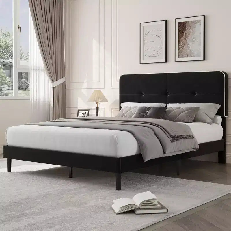 Marcos de Cama Tipo Plataforma Tapizados en Terciopelo con Cabecero Ajustable para Dormitorio, No Requiere Somier