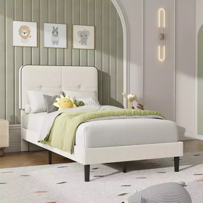 Marcos de Cama Tipo Plataforma Tapizados en Terciopelo con Cabecero Ajustable para Dormitorio, No Requiere Somier
