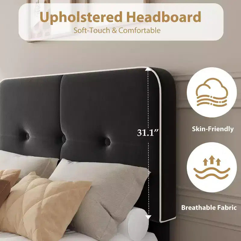Marcos de Cama Tipo Plataforma Tapizados en Terciopelo con Cabecero Ajustable para Dormitorio, No Requiere Somier