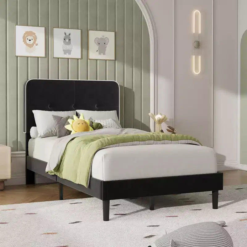 Marcos de Cama Tipo Plataforma Tapizados en Terciopelo con Cabecero Ajustable para Dormitorio, No Requiere Somier