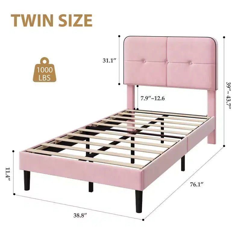 Marcos de Cama Tipo Plataforma Tapizados en Terciopelo con Cabecero Ajustable para Dormitorio, No Requiere Somier