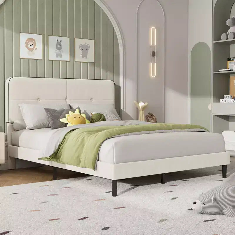 Marcos de Cama Tipo Plataforma Tapizados en Terciopelo con Cabecero Ajustable para Dormitorio, No Requiere Somier