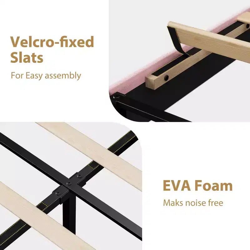 Marcos de Cama Tipo Plataforma Tapizados en Terciopelo con Cabecero Ajustable para Dormitorio, No Requiere Somier