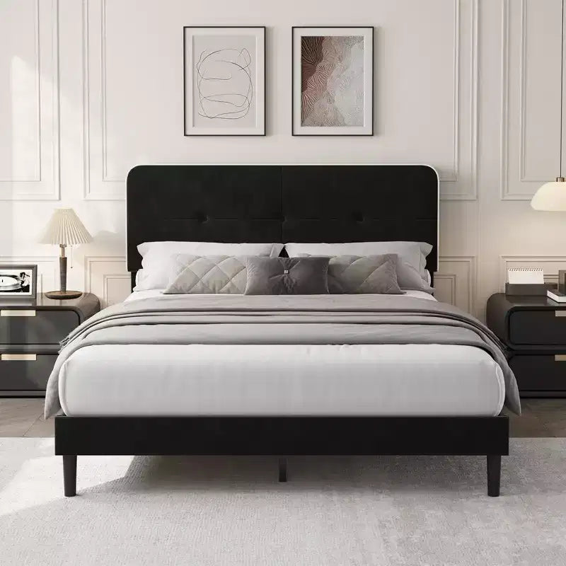 Marcos de Cama Tipo Plataforma Tapizados en Terciopelo con Cabecero Ajustable para Dormitorio, No Requiere Somier